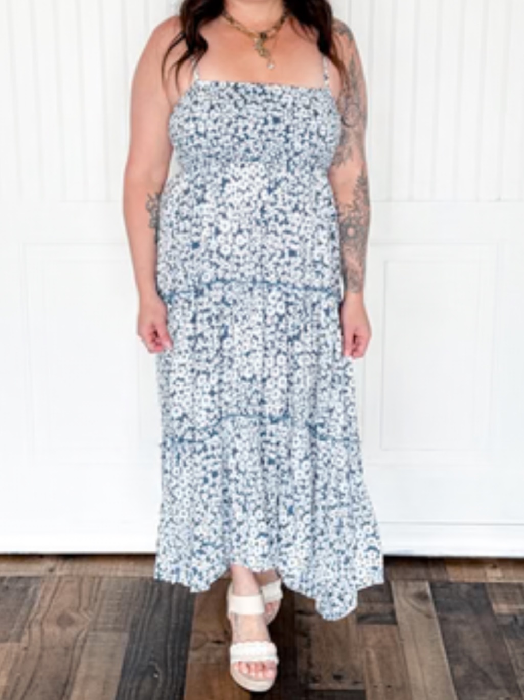 Angie Blue And White Floral Smocked Maxi Dress